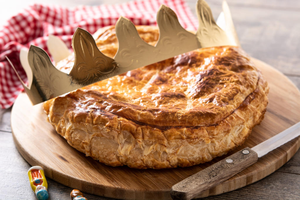 galette rois on wooden table traditional epiphany cake in france